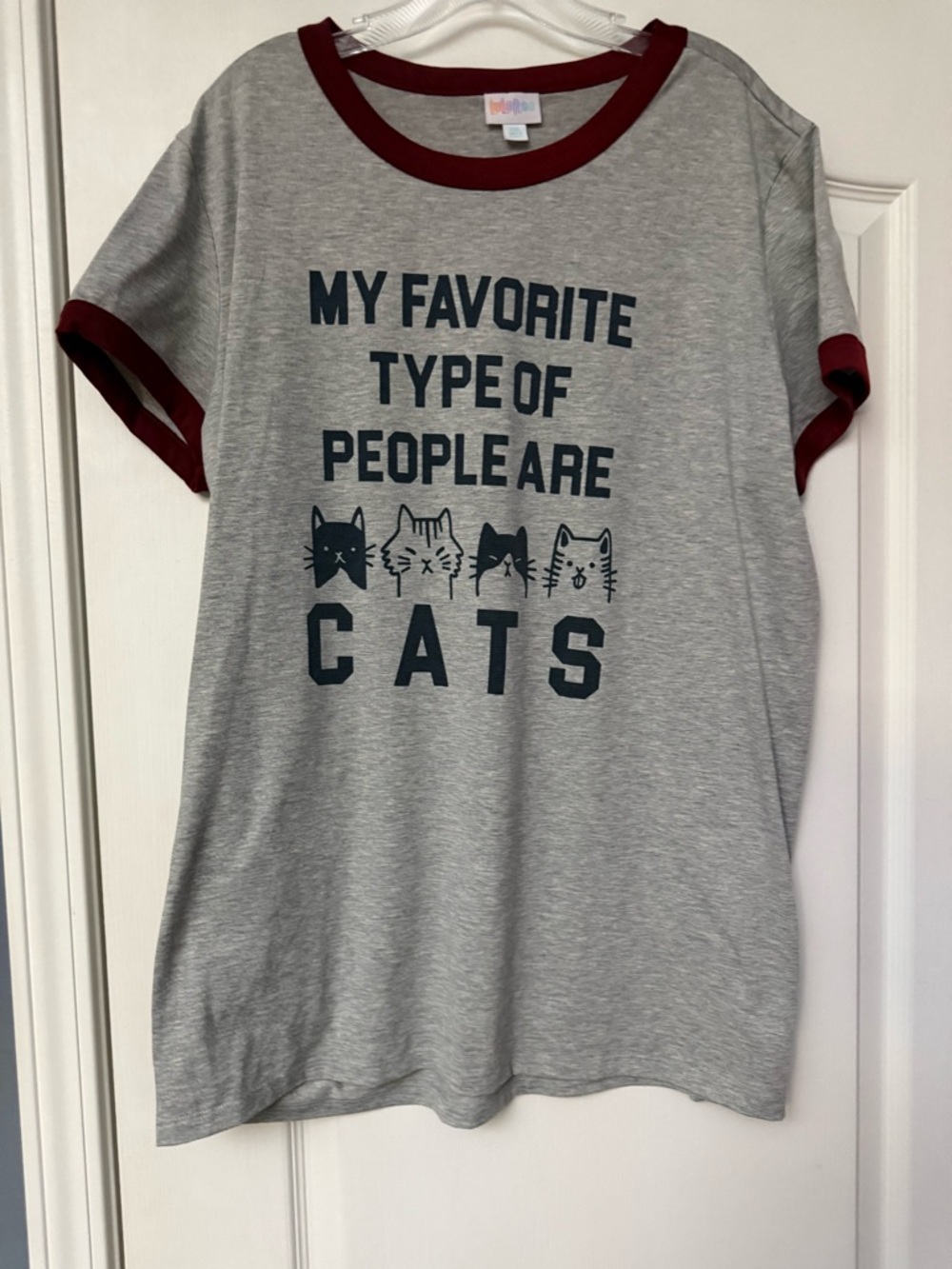LuLaRoe Gray Tee with Burgundy Trim & Graphic